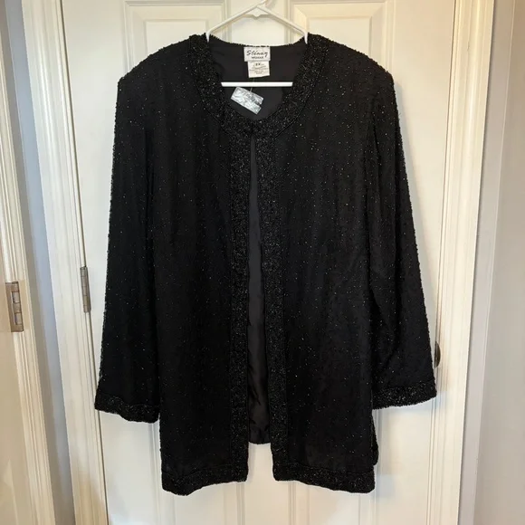Stenay Women's Size 2X Jacket Silk Beaded Black Evening Cocktail Open Front NWT